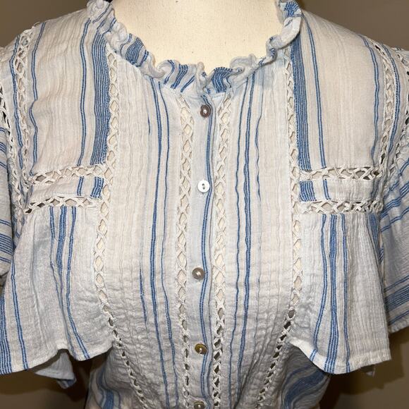 LoveShackFancy Nora Handkerchief Crop Top Blue Stripes Flutter Sleeve Size M - Picture 3 of 12